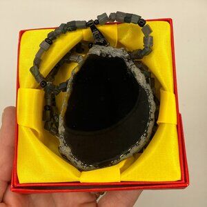 Agate Necklace Black and Gray Raw Edge Gemstone Slice 2.5 in + 26 - 28 inches